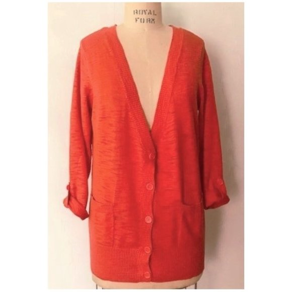 FOREVER 21 ORANGE COTTON SLUB KNIT 3/4 SLEEVE CARDIGAN SWEATER L - Picture 9 of 11